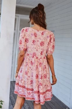 V Col Bohème Style Imprimé Robe D’été Bleue -Zapaka CGLLY30038 Pink 5