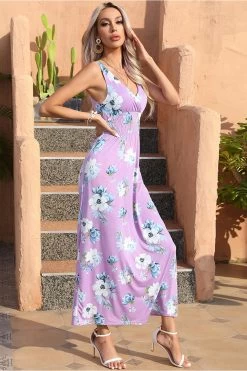 Robe D’été Boho Maxi à Col V Floral Bleu -Zapaka CGLLY30042 20Purple 20 2