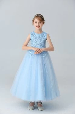Une Ligne Perlée Robe Blanche De Fille Avec Des Appliques -Zapaka CGLLY30120 20Blue 20 1