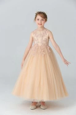 Une Ligne Perlée Robe Blanche De Fille Avec Des Appliques -Zapaka CGLLY30120 20Champagne 20 1