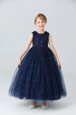 Une Ligne Perlée Robe Blanche De Fille Avec Des Appliques -Zapaka CGLLY30120 20Dark 20Blue 20 1
