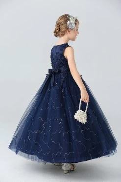 Une Ligne Perlée Robe Blanche De Fille Avec Des Appliques -Zapaka CGLLY30120 20Dark 20Blue 20 7