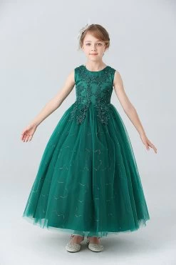 Une Ligne Perlée Robe Blanche De Fille Avec Des Appliques -Zapaka CGLLY30120 20Green 20 1
