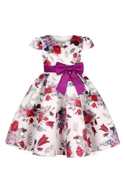 Robe Bleue Fleurie Pour Filles Avec Nœud Papillon -Zapaka CGLLY30243 20Purple 20 1