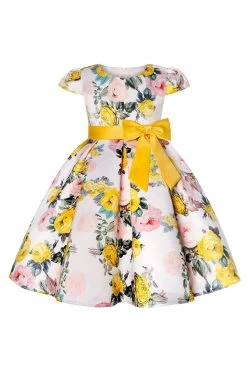 Robe Bleue Fleurie Pour Filles Avec Nœud Papillon -Zapaka CGLLY30243 20Yellow 20 1