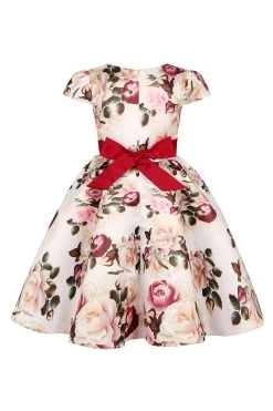 Robe Bleue Fleurie Pour Filles Avec Nœud Papillon -Zapaka CGLLY30243 Red 2