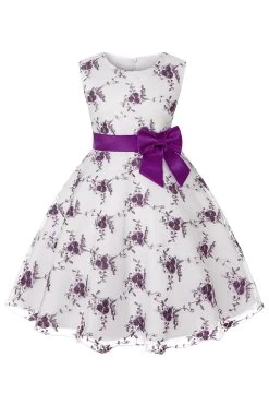 Broderie Bleue Dentelle Robe Pour Filles Avec Nœud Papillon -Zapaka CGLLY30249 20Purple 20 1