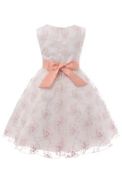 Broderie Bleue Dentelle Robe Pour Filles Avec Nœud Papillon -Zapaka CGLLY30249 Peach 2