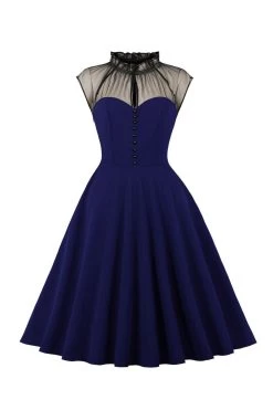 Noir A Line Robe Vintage Des Années 50 Avec Boutons -Zapaka CGLLY30391 20Dark 20Blue 20 1
