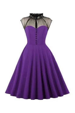 Noir A Line Robe Vintage Des Années 50 Avec Boutons -Zapaka CGLLY30391 20Purple 20 1