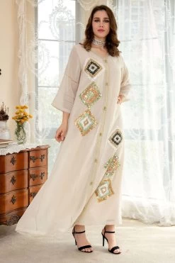 Paillettes Abricot Long Marocain Caftan