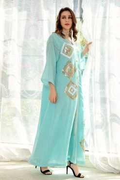 Paillettes Abricot Long Marocain Caftan -Zapaka CGLLY30447 20Light 20Blue 20 4