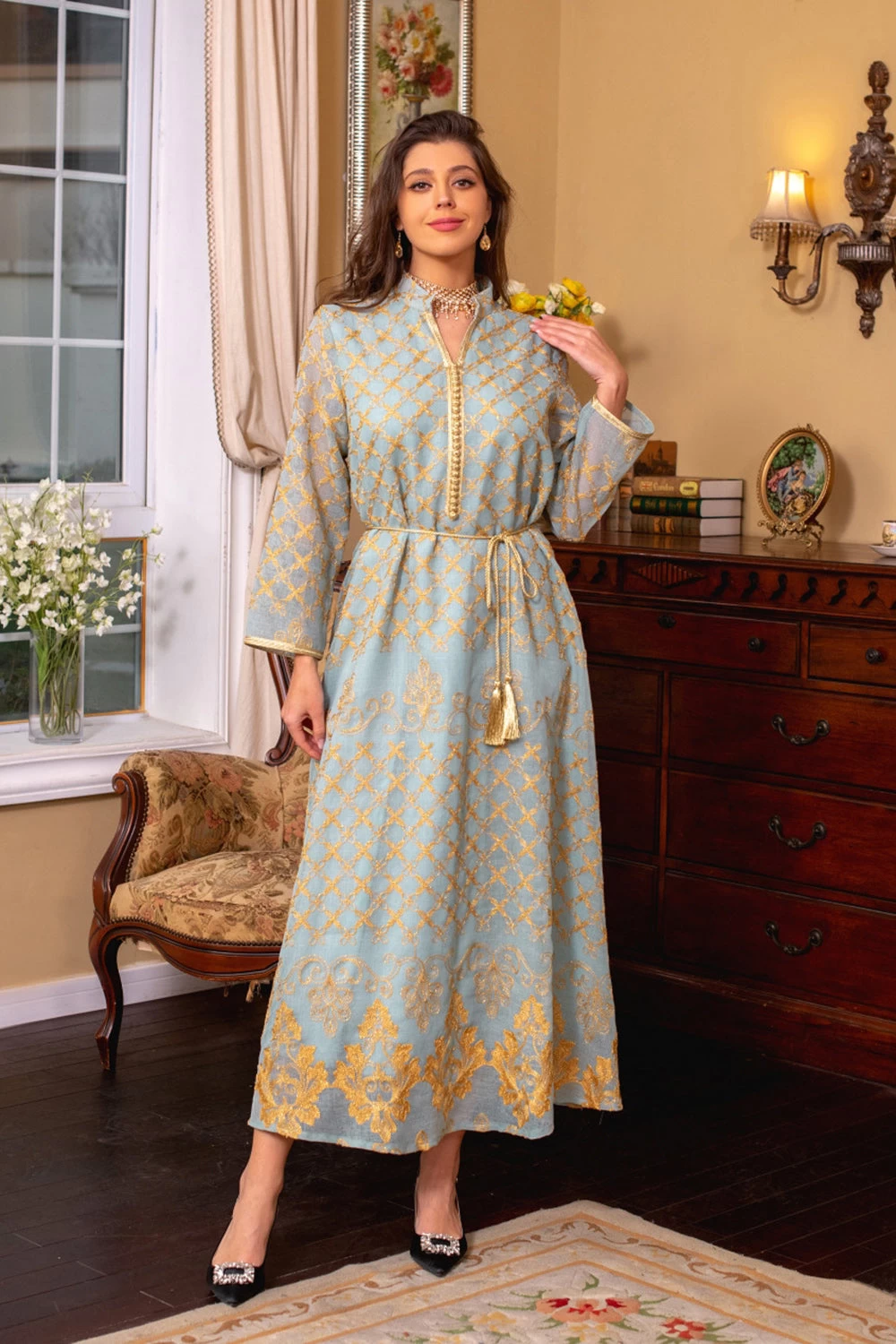 Robe Maxi Abaya Brodée élégante Et Verte 8 Robe Maxi Abaya Brodée élégante Et Verte – Image 6