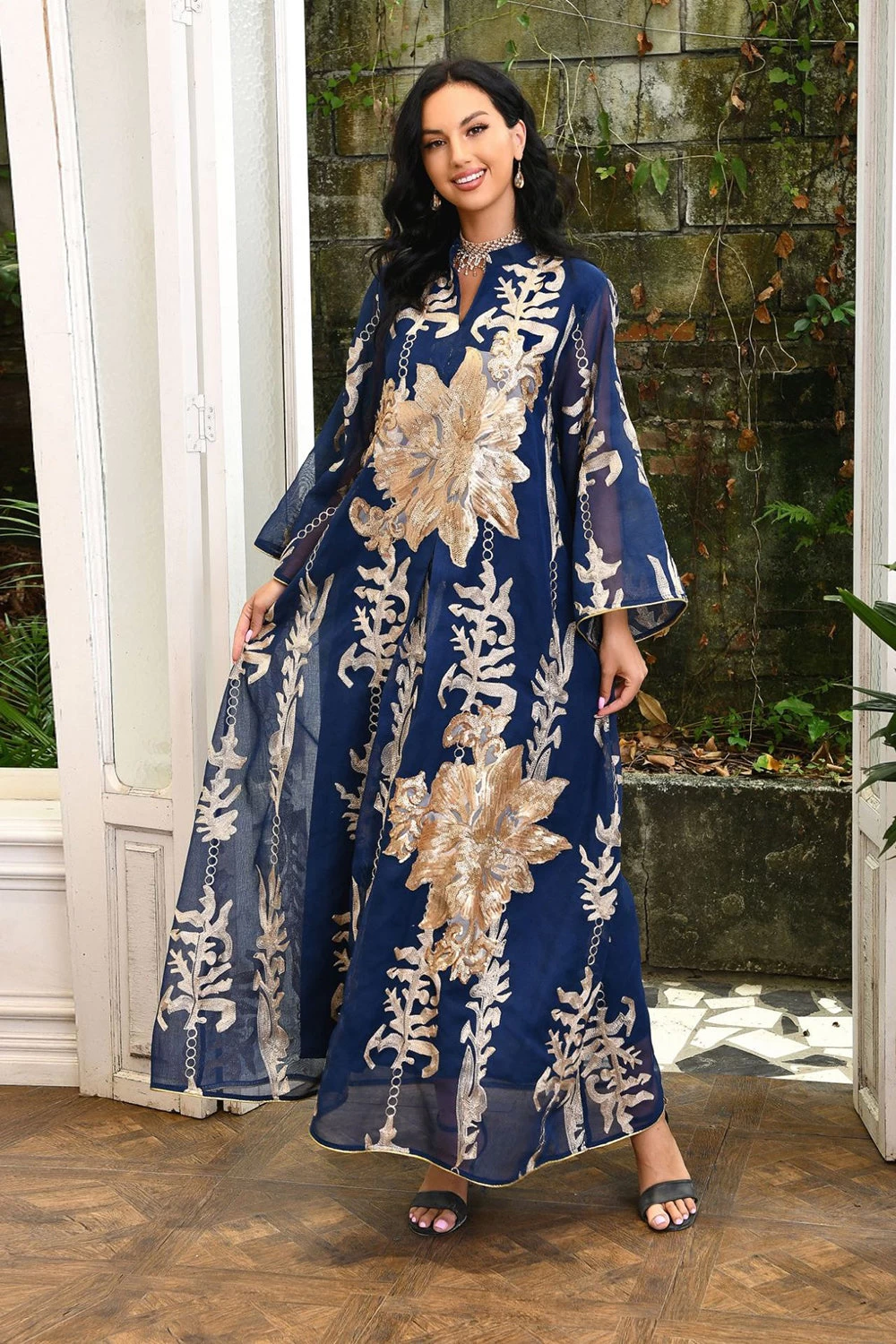 Broderie à Paillettes Bleu Caftan Femmes Robe Arabe 6 Broderie à Paillettes Bleu Caftan Femmes Robe Arabe – Image 4