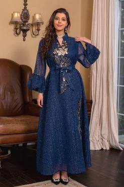 Élégante Broderie Vert Clair Robe Longue Abaya 23 Élégante Broderie Vert Clair Robe Longue Abaya -Zapaka CGLLY30455Navy 2