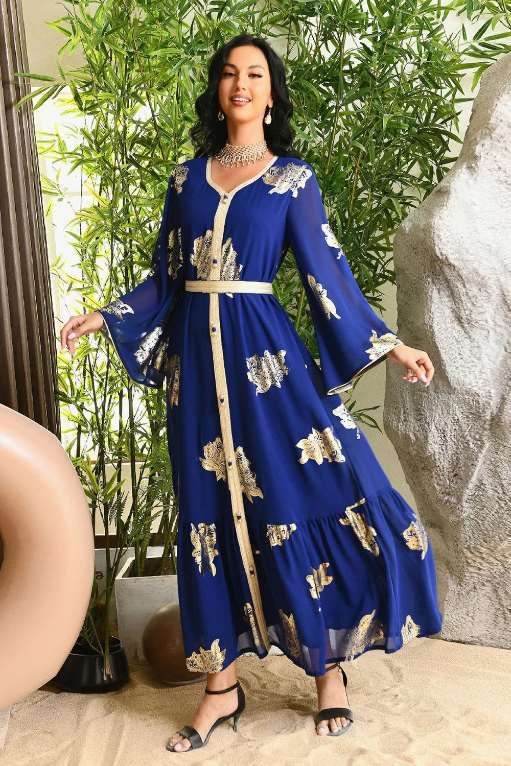 Robe Abaya Imprimée Bleu Mousseline De Style Du Moyen-Orient 3 Robe Abaya Imprimée Bleu Mousseline De Style Du Moyen-Orient