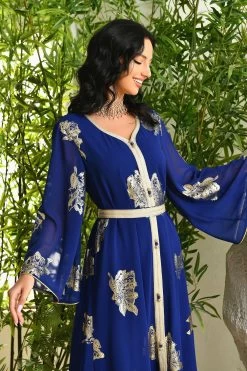 Robe Abaya Imprimée Bleu Mousseline De Style Du Moyen-Orient 19 Robe Abaya Imprimée Bleu Mousseline De Style Du Moyen-Orient -Zapaka CGLLY30465 20Blue 20 5