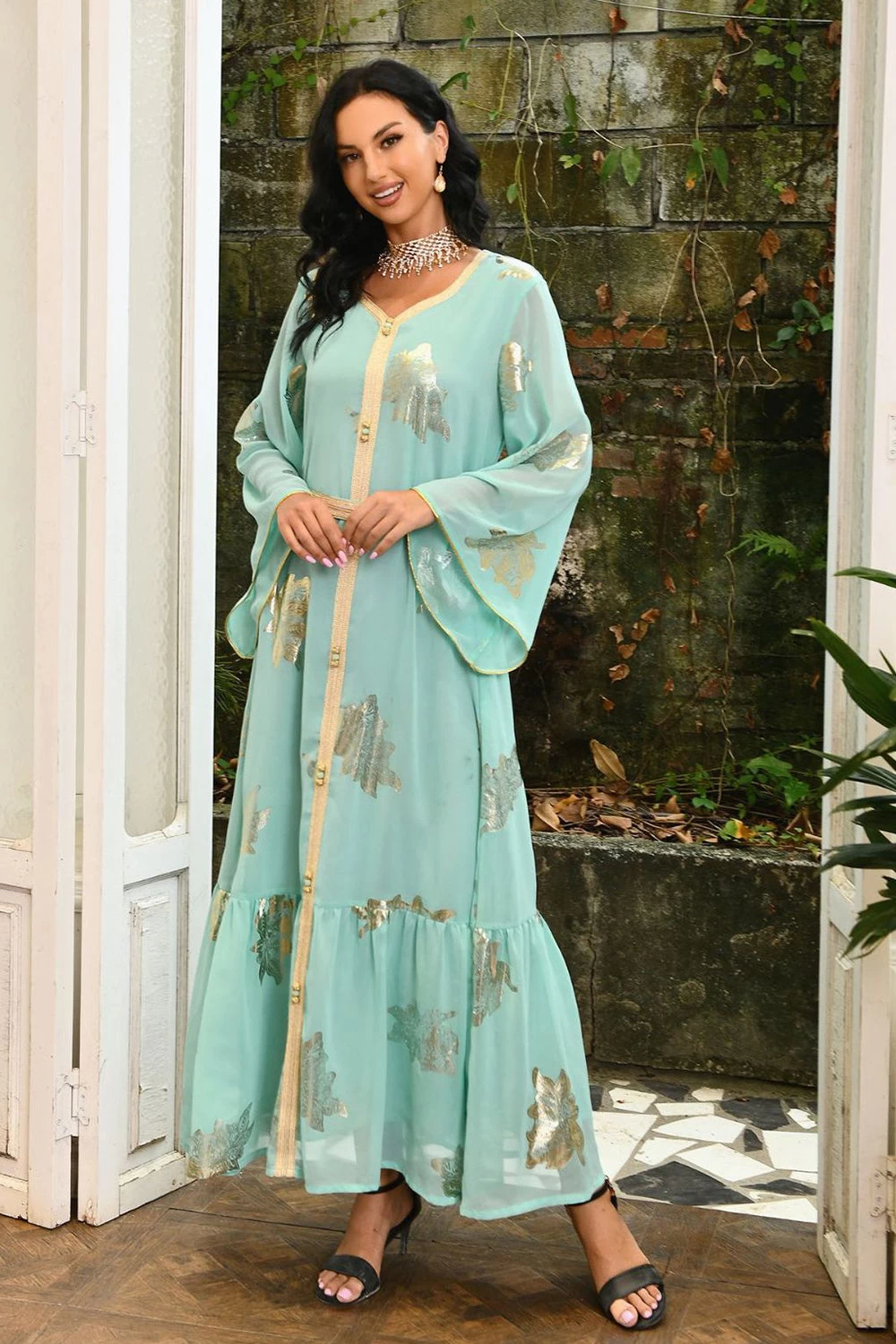 Robe Abaya Imprimée Bleu Mousseline De Style Du Moyen-Orient 14 Robe Abaya Imprimée Bleu Mousseline De Style Du Moyen-Orient – Image 12