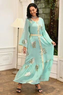 Robe Abaya Imprimée Bleu Mousseline De Style Du Moyen-Orient 26 Robe Abaya Imprimée Bleu Mousseline De Style Du Moyen-Orient -Zapaka CGLLY30465 20Green 20 3