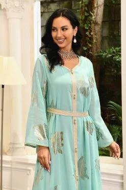 Robe Abaya Imprimée Bleu Mousseline De Style Du Moyen-Orient 27 Robe Abaya Imprimée Bleu Mousseline De Style Du Moyen-Orient -Zapaka CGLLY30465 20Green 20 5