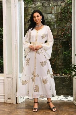 Robe Abaya Imprimée Bleu Mousseline De Style Du Moyen-Orient 21 Robe Abaya Imprimée Bleu Mousseline De Style Du Moyen-Orient -Zapaka CGLLY30465 20White 20 1