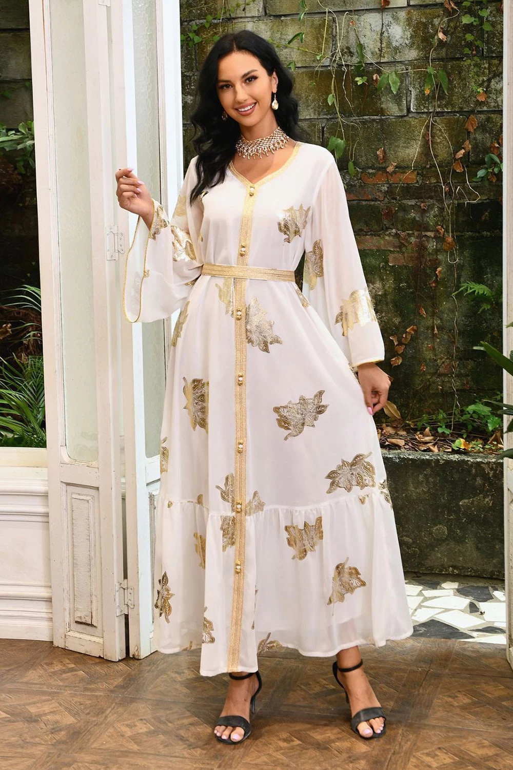 Robe Abaya Imprimée Bleu Mousseline De Style Du Moyen-Orient 9 Robe Abaya Imprimée Bleu Mousseline De Style Du Moyen-Orient – Image 7