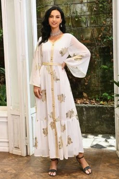 Robe Abaya Imprimée Bleu Mousseline De Style Du Moyen-Orient 22 Robe Abaya Imprimée Bleu Mousseline De Style Du Moyen-Orient -Zapaka CGLLY30465 20White 20 3