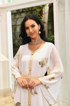 Robe Abaya Imprimée Bleu Mousseline De Style Du Moyen-Orient 24 Robe Abaya Imprimée Bleu Mousseline De Style Du Moyen-Orient -Zapaka CGLLY30465 20White 20 5