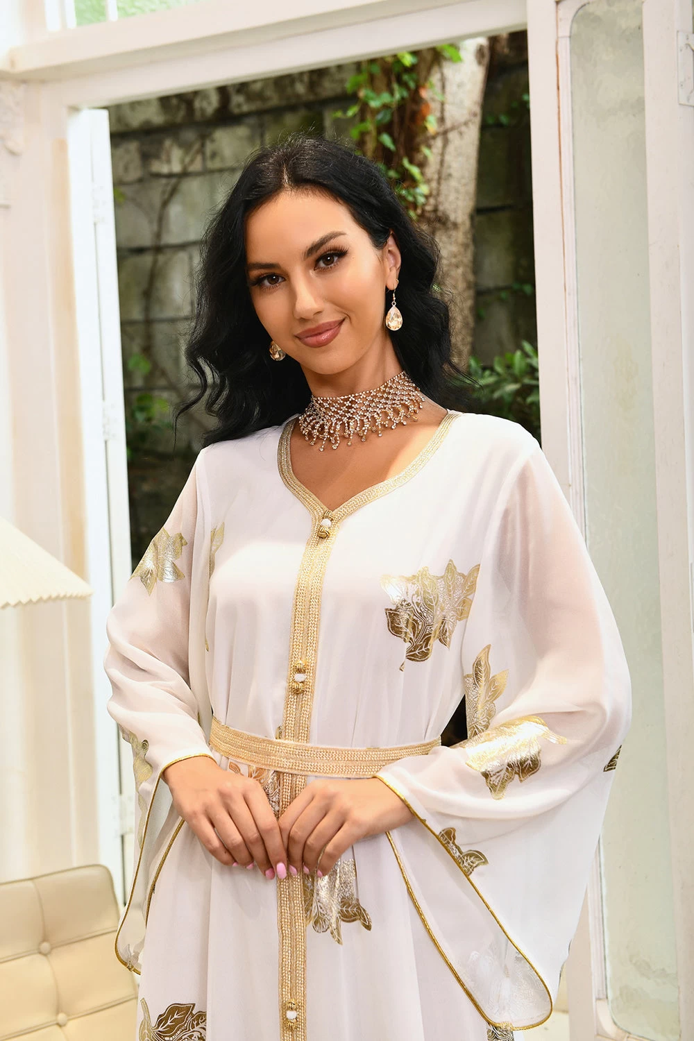 Robe Abaya Imprimée Bleu Mousseline De Style Du Moyen-Orient 10 Robe Abaya Imprimée Bleu Mousseline De Style Du Moyen-Orient – Image 8