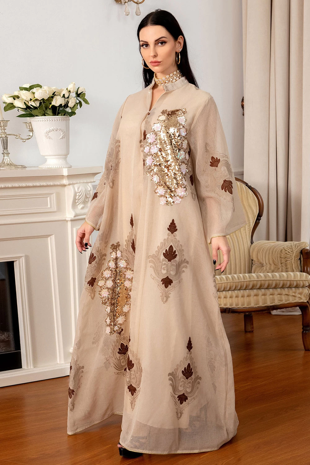Paillettes Brodées Abayas Maxi Robes 8 Paillettes Brodées Abayas Maxi Robes – Image 6