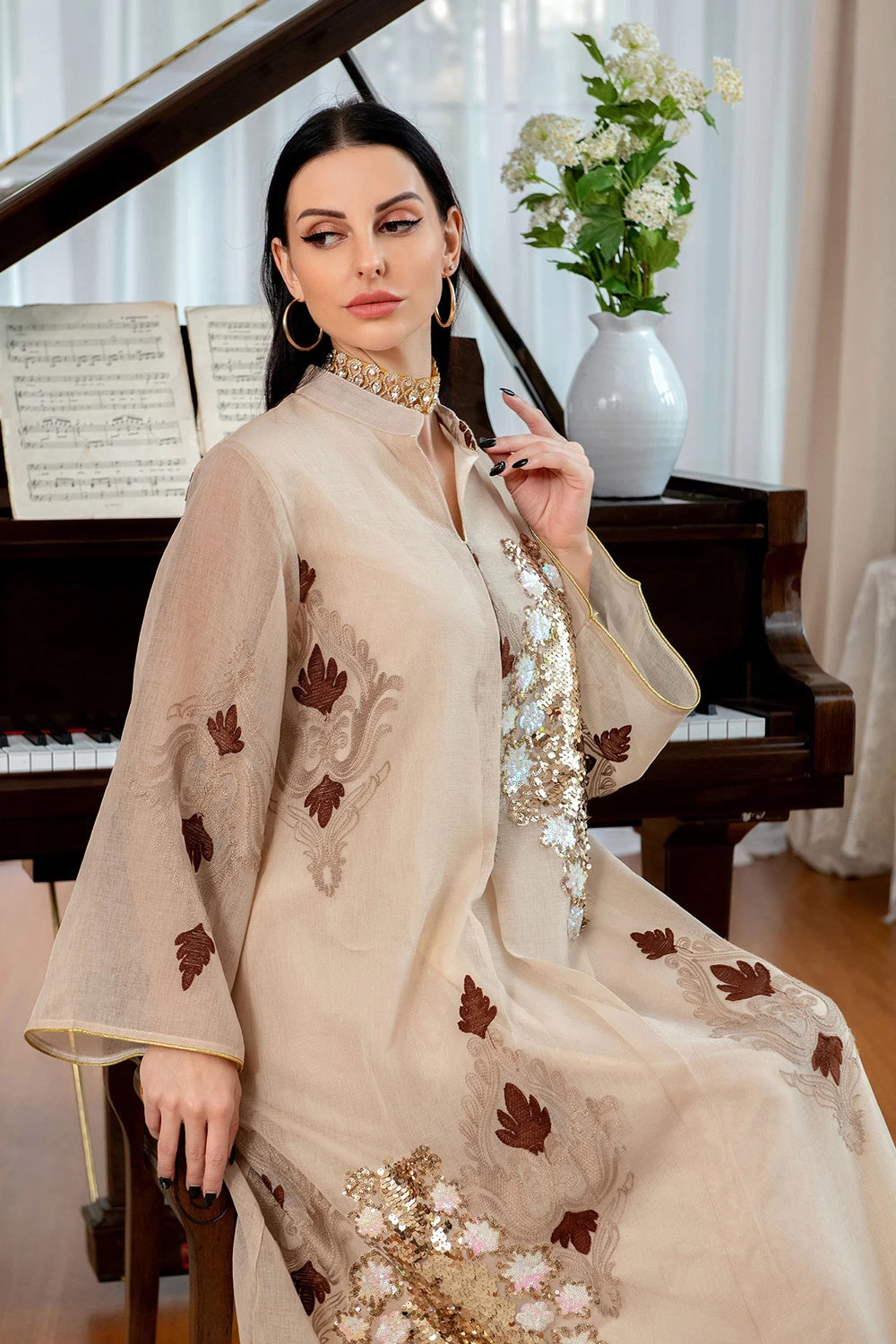 Paillettes Brodées Abayas Maxi Robes 11 Paillettes Brodées Abayas Maxi Robes – Image 9