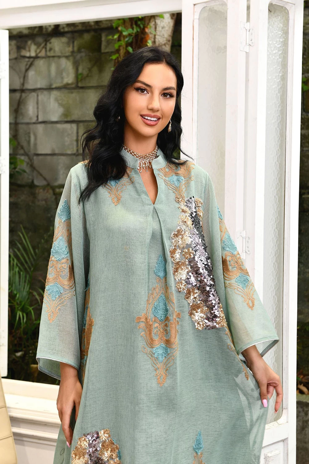 Paillettes Brodées Abayas Maxi Robes 15 Paillettes Brodées Abayas Maxi Robes – Image 13