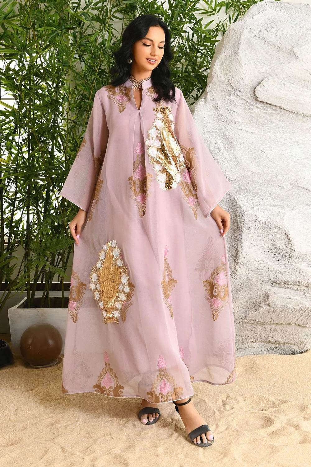 Paillettes Brodées Abayas Maxi Robes 3 Paillettes Brodées Abayas Maxi Robes