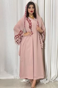Robe Caftan Abaya Brodée à Manches Longues Avec écharpe