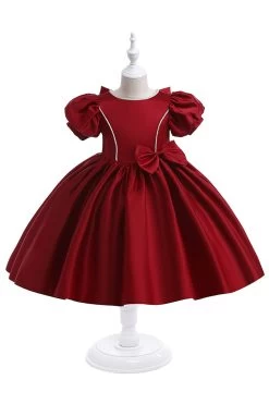 Robe De Fille En Satin Bordeaux Avec Nœud