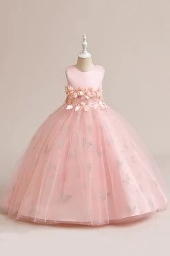 Robe Fille Sans Manches En Tulle Rose Avec Appliques