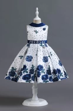 Une Ligne Jewel Col Robe Fille Imprimée Bleue