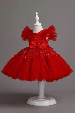 Une Ligne Jewel Col Robe Red Girl Avec Nœud Papillon -Zapaka CGLLY30691 20Red 20 3