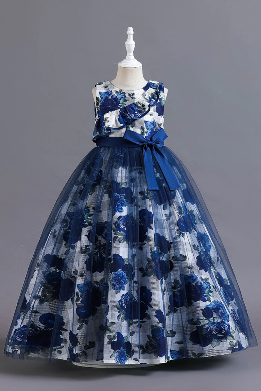 Robe Longue De Fille En Tulle De Fleur Bleue Avec Volants 3 Robe Longue De Fille En Tulle De Fleur Bleue Avec Volants
