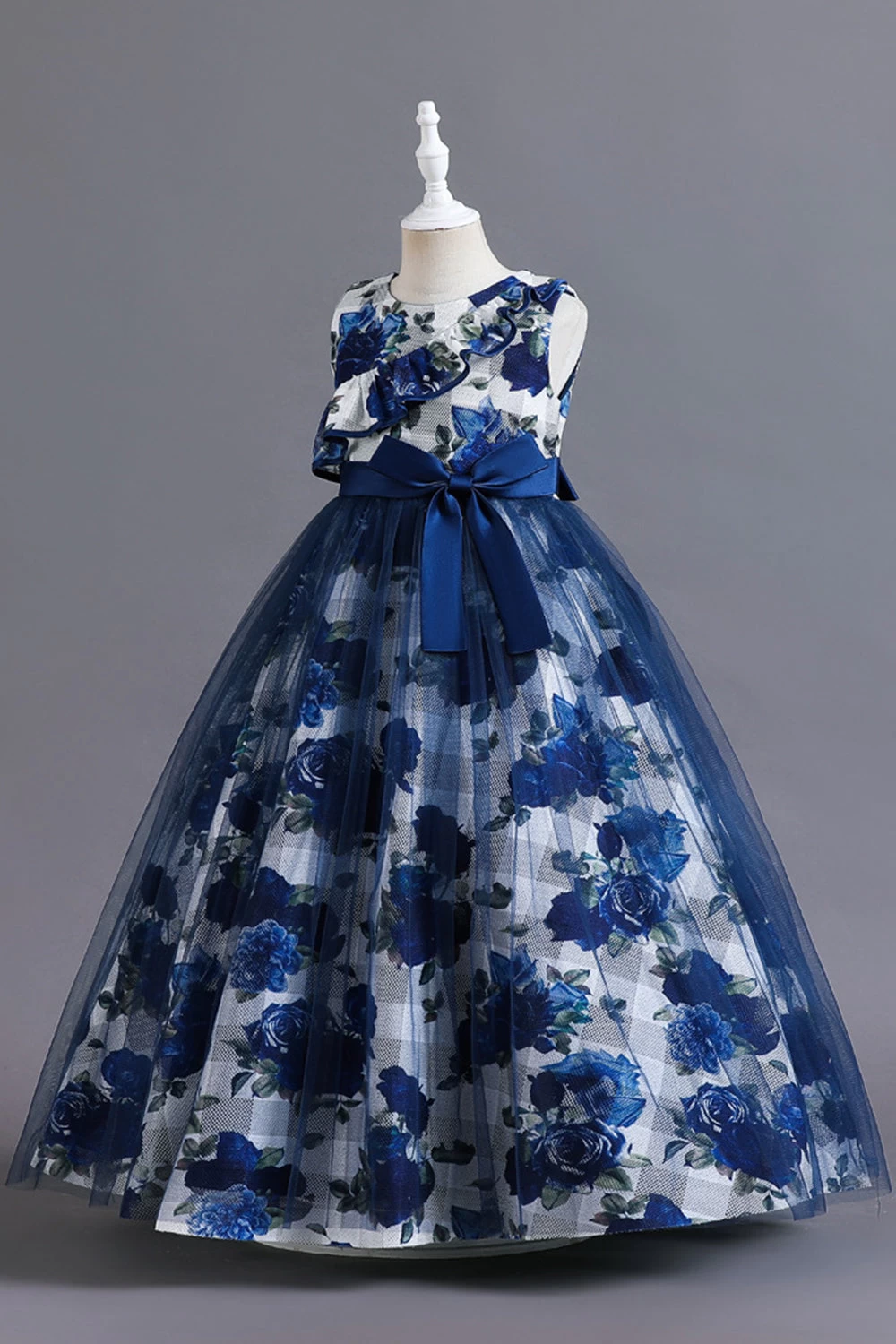 Robe Longue De Fille En Tulle De Fleur Bleue Avec Volants 5 Robe Longue De Fille En Tulle De Fleur Bleue Avec Volants – Image 3