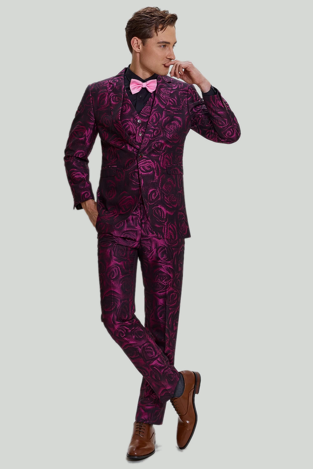 Fuchsia Floral Jacquard 3 Pièces Costumes De Bal Homme 3 Fuchsia Floral Jacquard 3 Pièces Costumes De Bal Homme