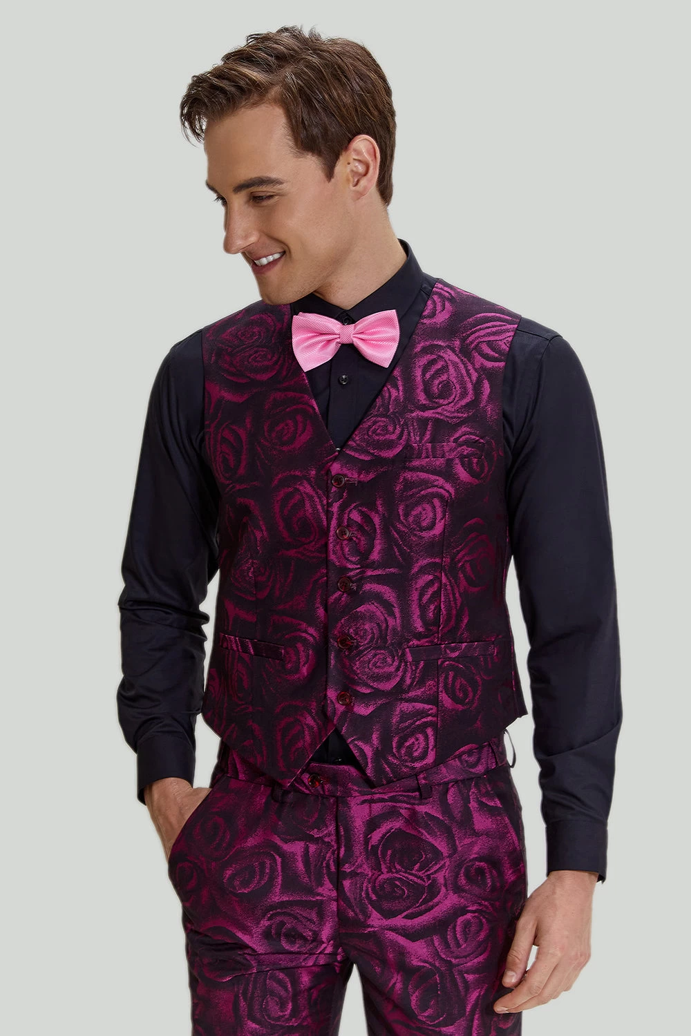 Fuchsia Floral Jacquard 3 Pièces Costumes De Bal Homme 7 Fuchsia Floral Jacquard 3 Pièces Costumes De Bal Homme – Image 5