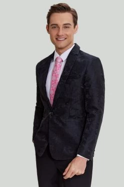 Blazer à Revers Cranté En Satin Noir Jacquard