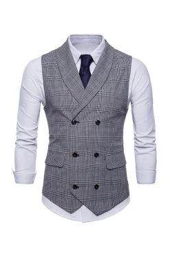 Gris Pinstripe Double Poitrine Châle Lapel Hommes Costume Gilet