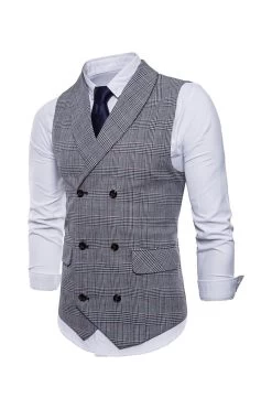 Gris Pinstripe Double Poitrine Châle Lapel Hommes Costume Gilet -Zapaka CGMZL012 Grey 3