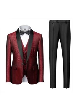 Châle Noir Lapel Jacquard 3 Pièces Costumes Homme -Zapaka CGMZL045 Burgundy 1 first
