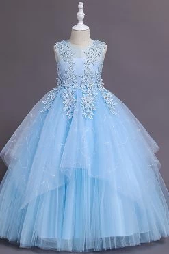 Robe De Demoiselle D'honneur En Tulle Bleu Clair Avec Appliques