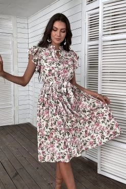 Robe D’été à Imprimé Floral Avec Volants -Zapaka CGZL221450 White 6