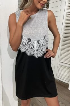 Robe D’été En Dentelle Lambrissée Sans Manches -Zapaka CGZL221468 Black Grey 3