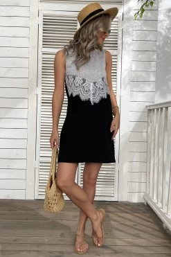 Robe D’été En Dentelle Lambrissée Sans Manches -Zapaka CGZL221468 Black Grey 5